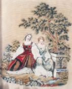 A 19th century needle work depicting two seated classical ladies set in a gilt frame 39cm x 42cm