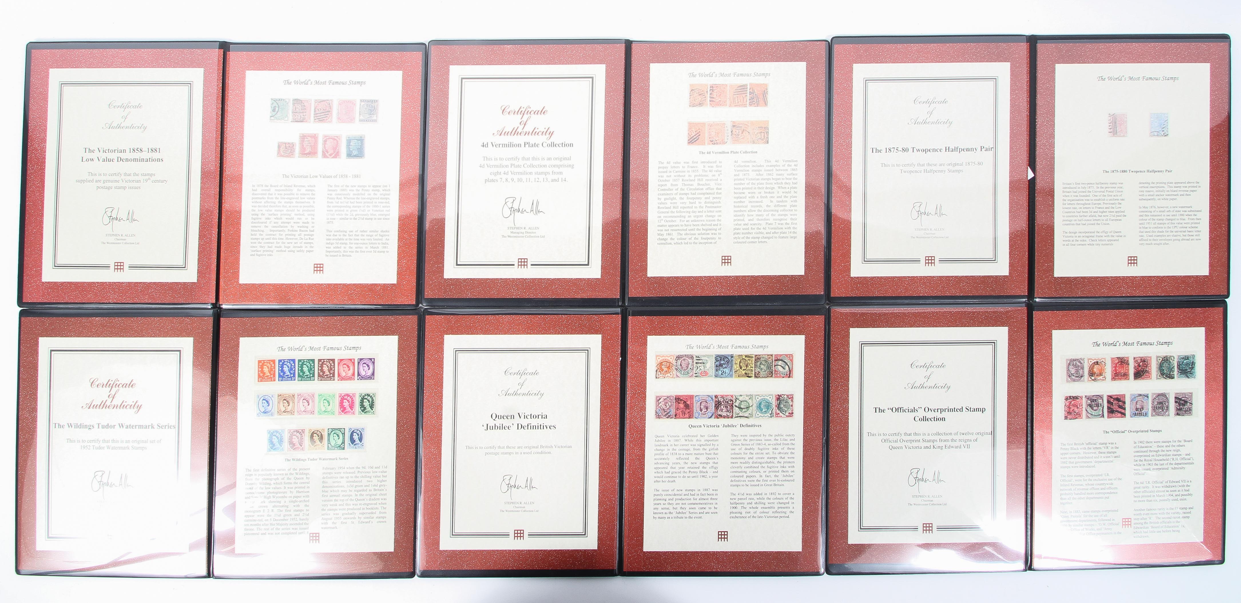 Six folders from the Westminster Collection Ltd of world famous stamps