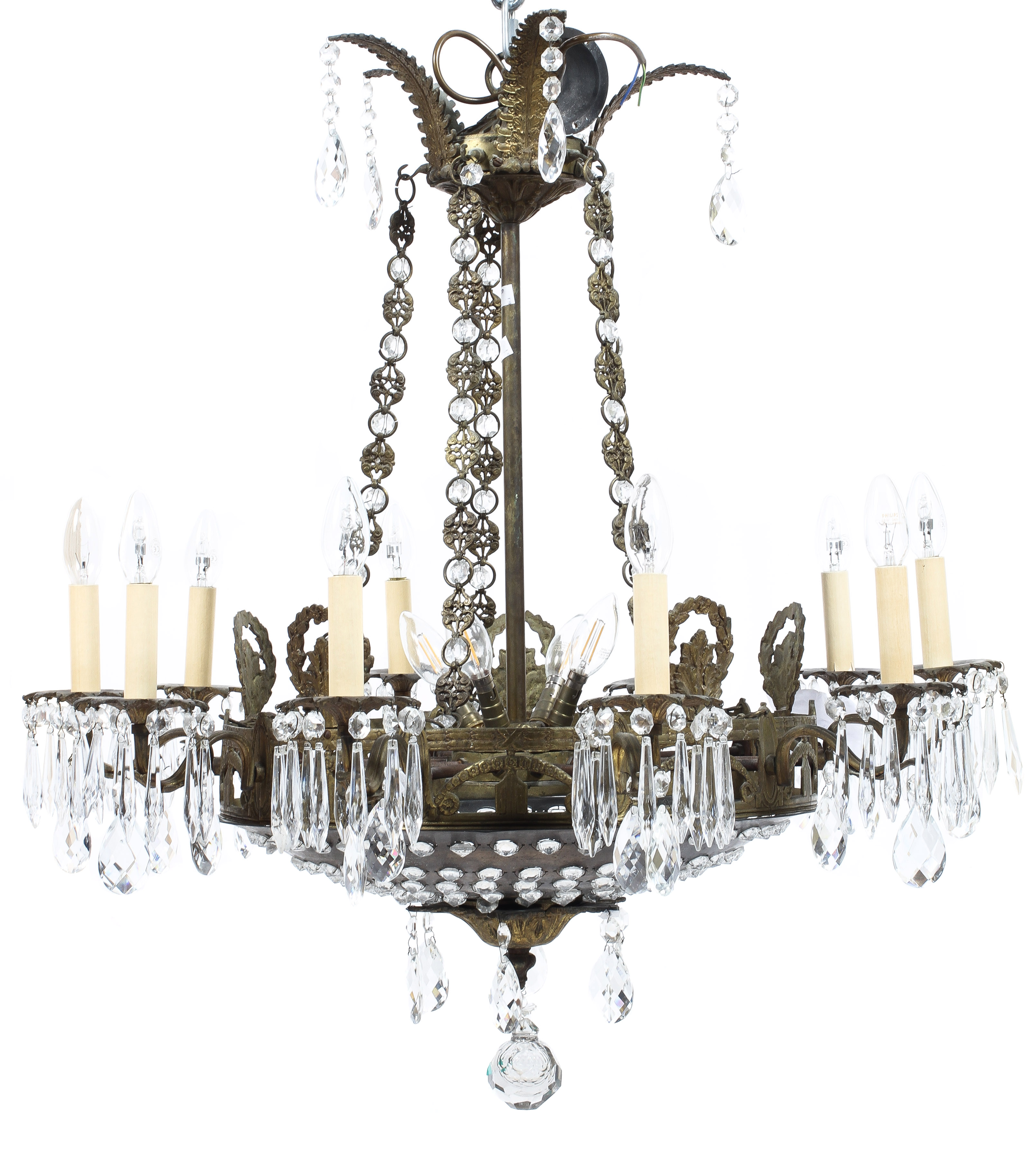 A large French gilt-metal mounted chandelier with glass droplets,