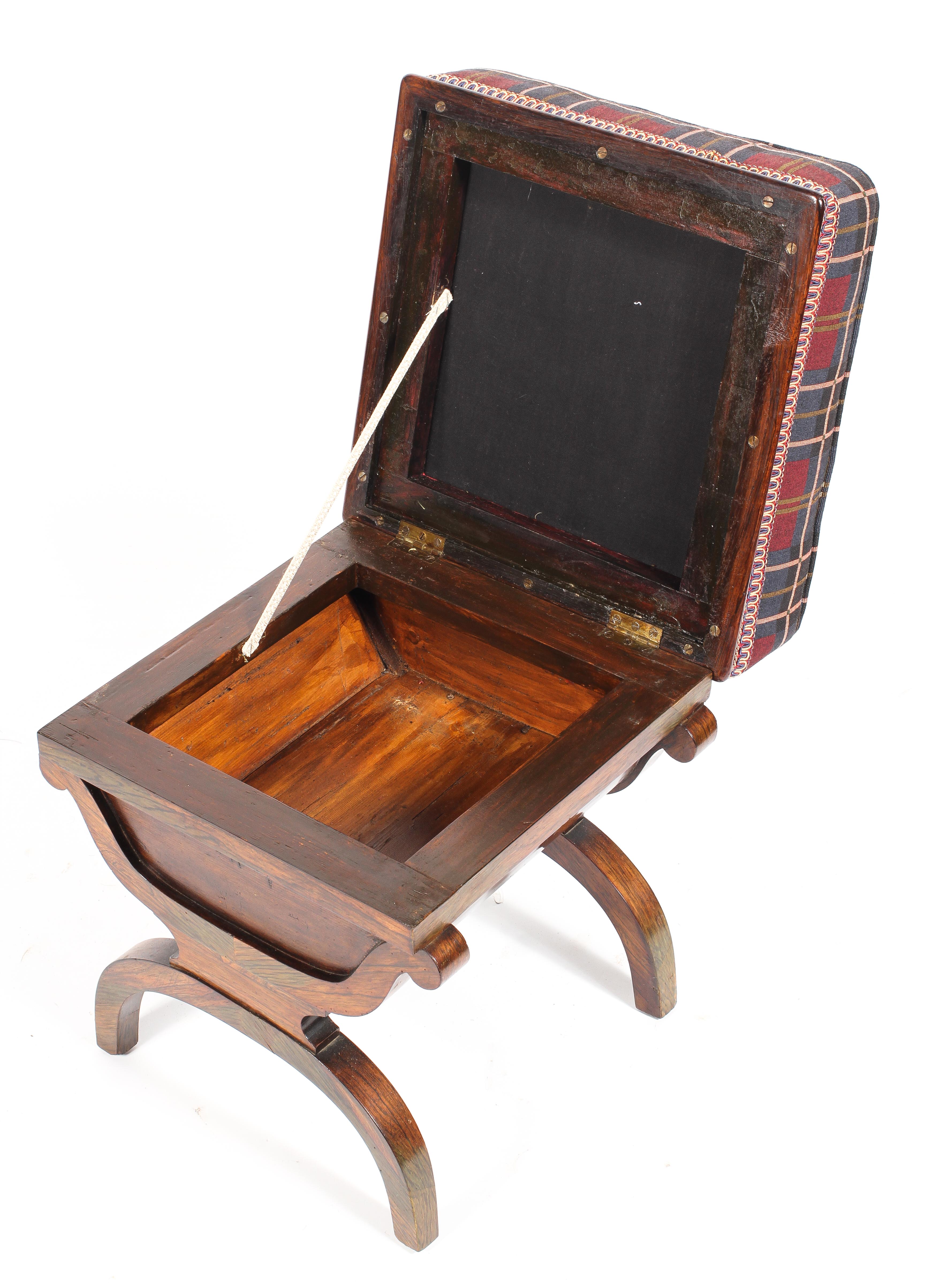 A 20th century stained stool with padded rising seat above a compartment raised on an arched X - Image 2 of 2