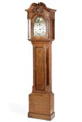 A 19th century oak 8 day longcase clock with open swan neck pediment,