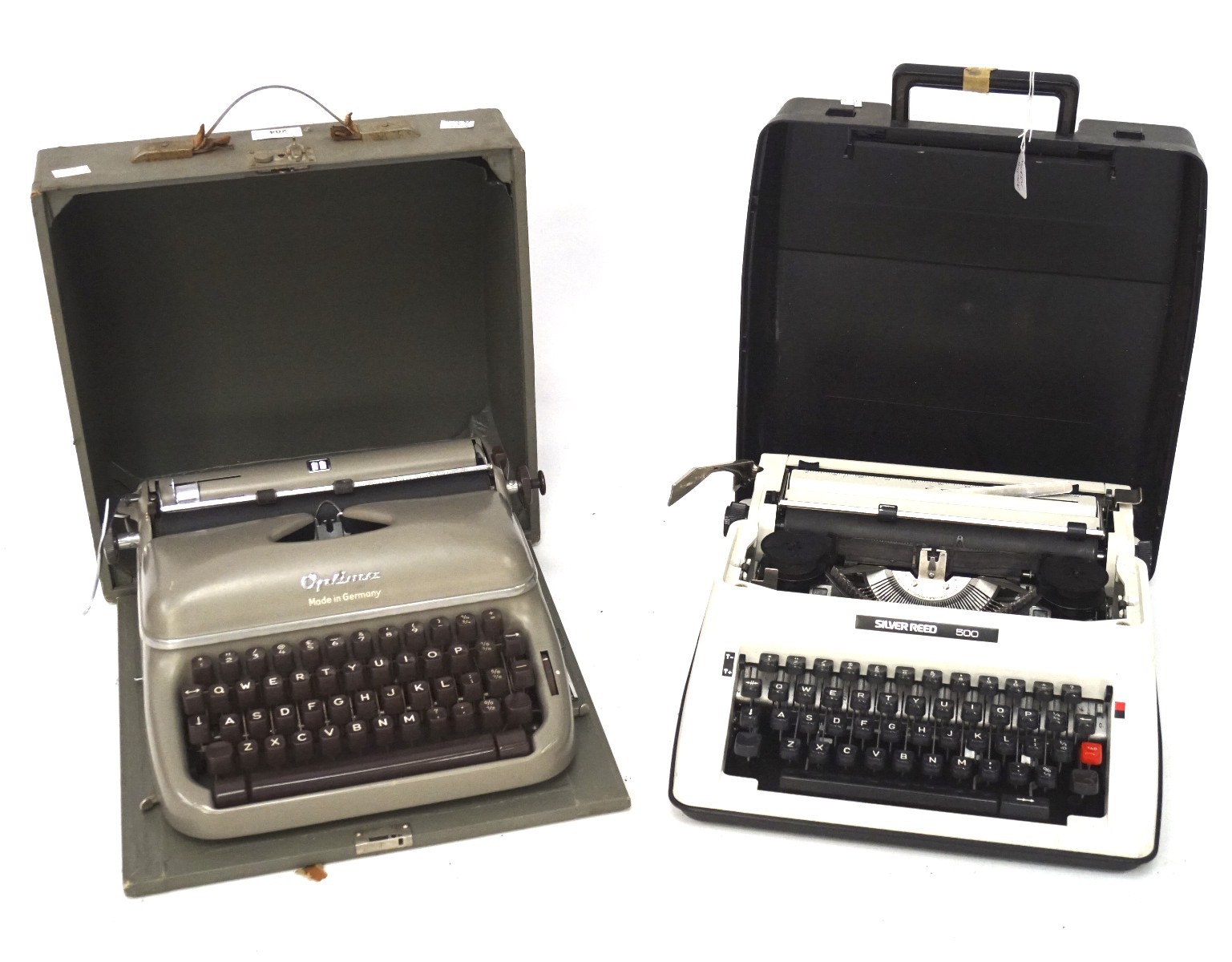 Two vintage typewriters, one being an Optima,
