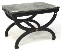 A marble topped coffee table, of rectangular form, on black painted wooden base,