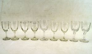 A collection of liqueur drinking glasses, three with cut glass decoration,
