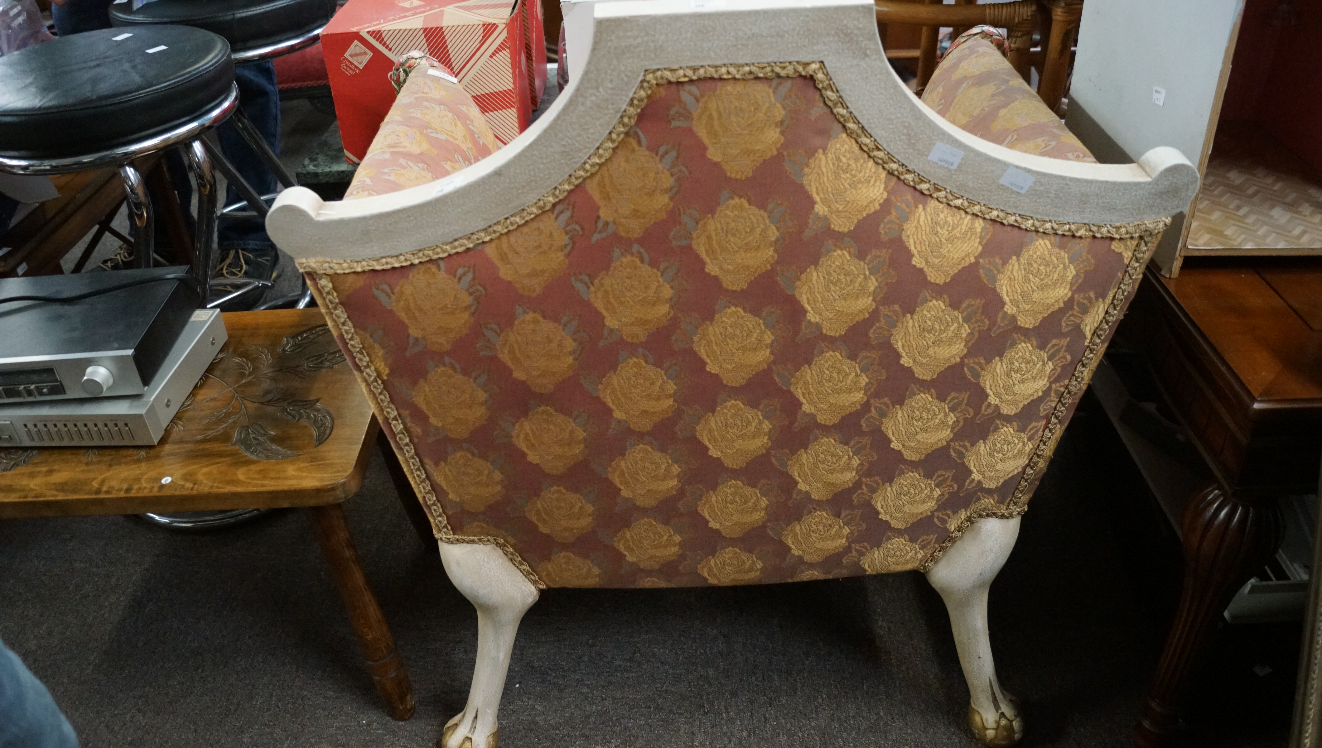 A painted and gilt upholstered armchair wth carved swan head arms and animal legs with claw and - Image 9 of 12