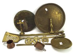 A selection of assorted brassware, to include a Chestnut roaster, fireside irons,