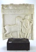 A heavy marble carved sculpture in the neoclassical style, depicting a horse with rider,