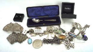 A collection of silver and white metal jewellery,