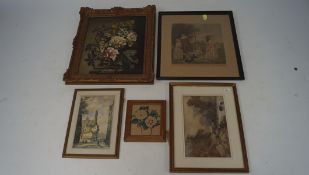 A selection of five pictures, to include three watercolour landscape and city scenes,