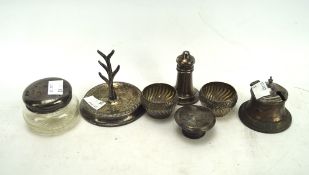 A selection of silver wares, to include a ring tree, mustard pot,