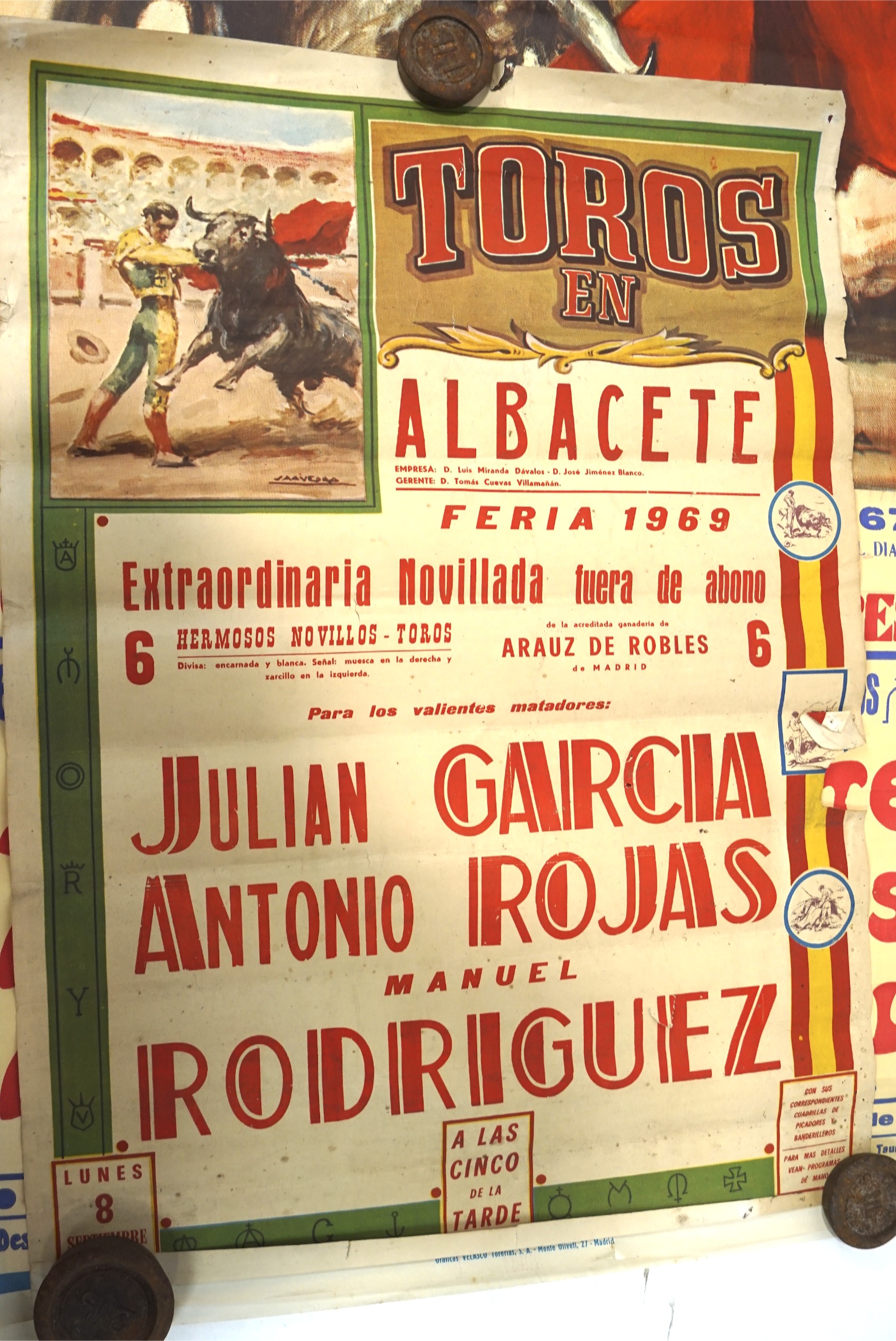 Two original vintage bullfighting advertising posters, both titled 'Plaza de Toros de Albacete',