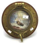 An oil on canvas painting of a boat framed in a porthole, unsigned, mounted on a wooden base,