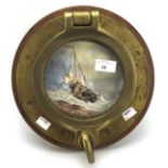 An oil on canvas painting of a boat framed in a porthole, unsigned, mounted on a wooden base,