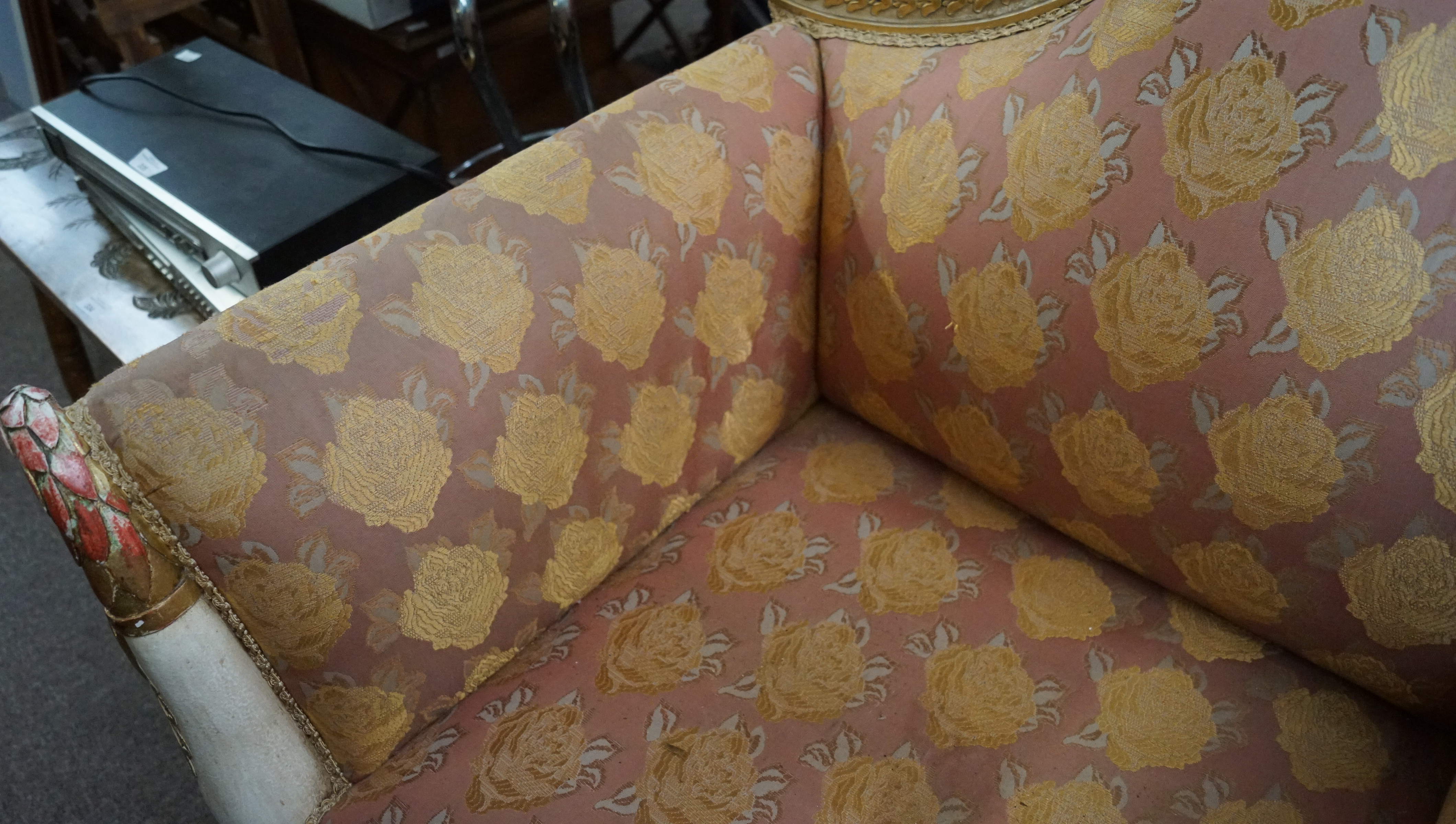 A painted and gilt upholstered armchair wth carved swan head arms and animal legs with claw and - Image 7 of 12