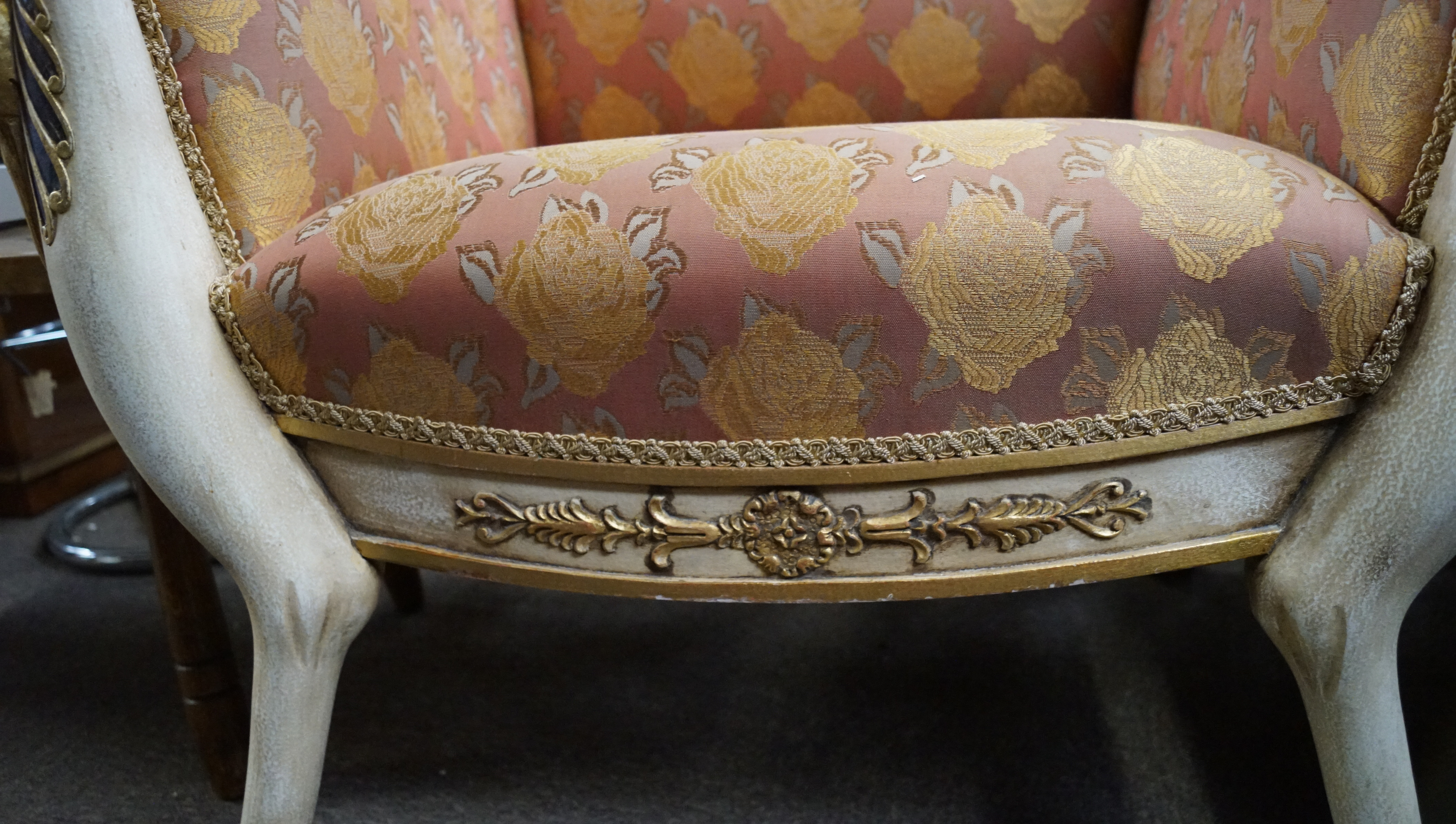 A painted and gilt upholstered armchair wth carved swan head arms and animal legs with claw and - Image 5 of 12