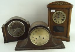 Three early/mid 20th century wooden mantle clocks, with two having Arabic numerals denoting hours,