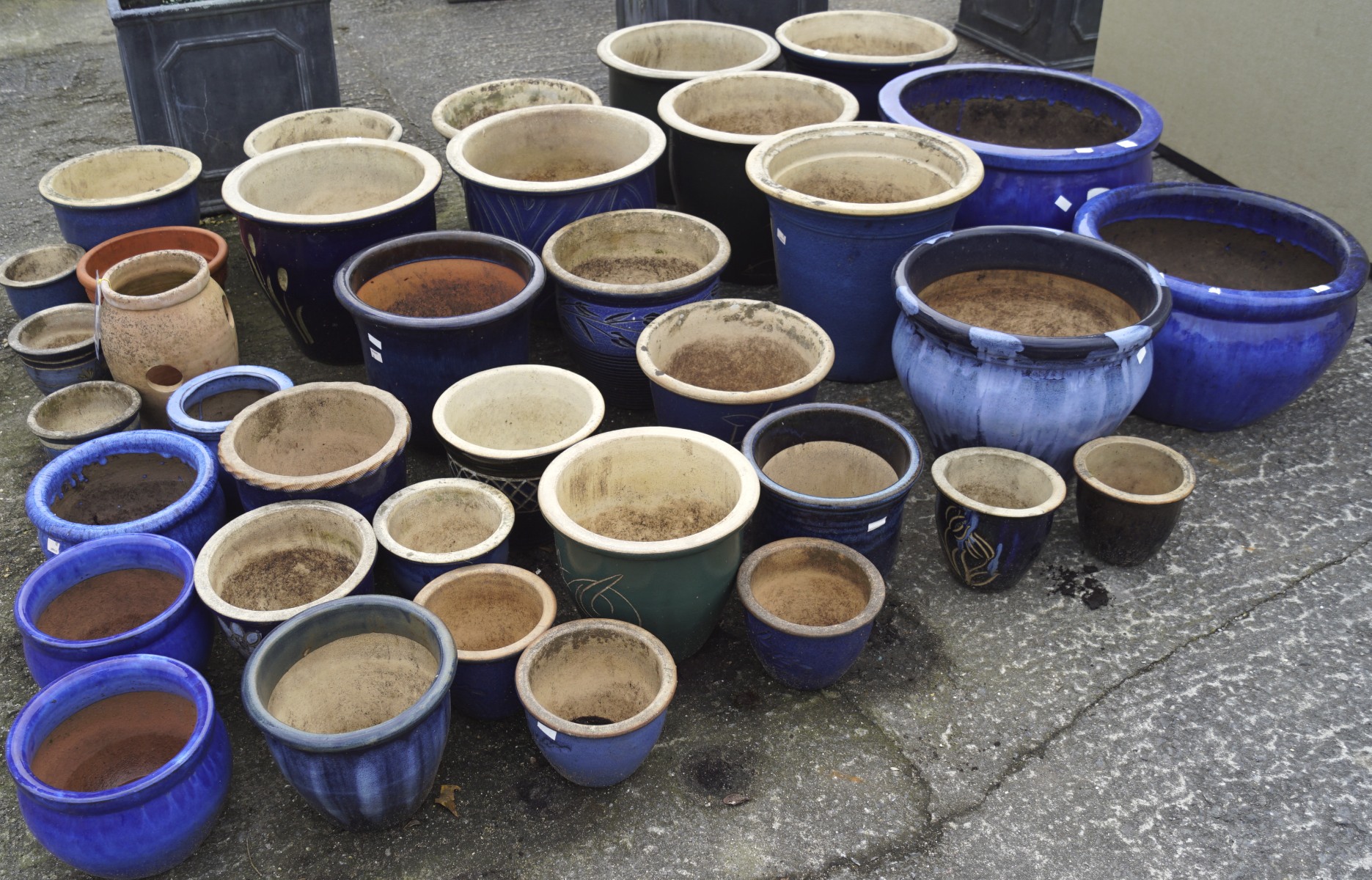 A large collection of glazed plant pots, including numerous blue examples, - Image 2 of 2