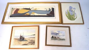 Three watercolours and a large cat print,