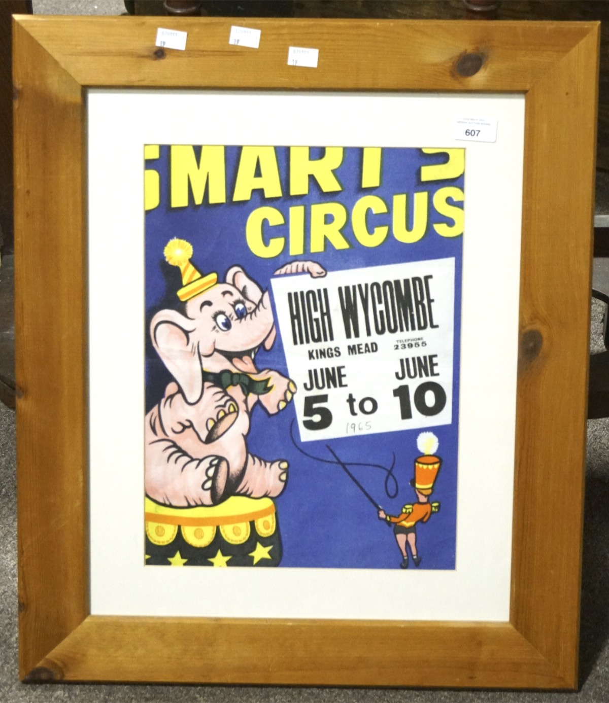 A vintage Billy Smart circus poster advertising High Wycombe Kings Mead, June 5 - June 10, 1965,