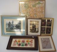 Group of pictures including a map of Warsaw, a paper cut picture of flowers, and more,