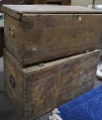 Two late 19th-early 20th century pine trunks, both with metal handles to either side,