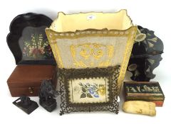 Assorted collectables, to include a two tier jewellery box, snail doorstop, and more