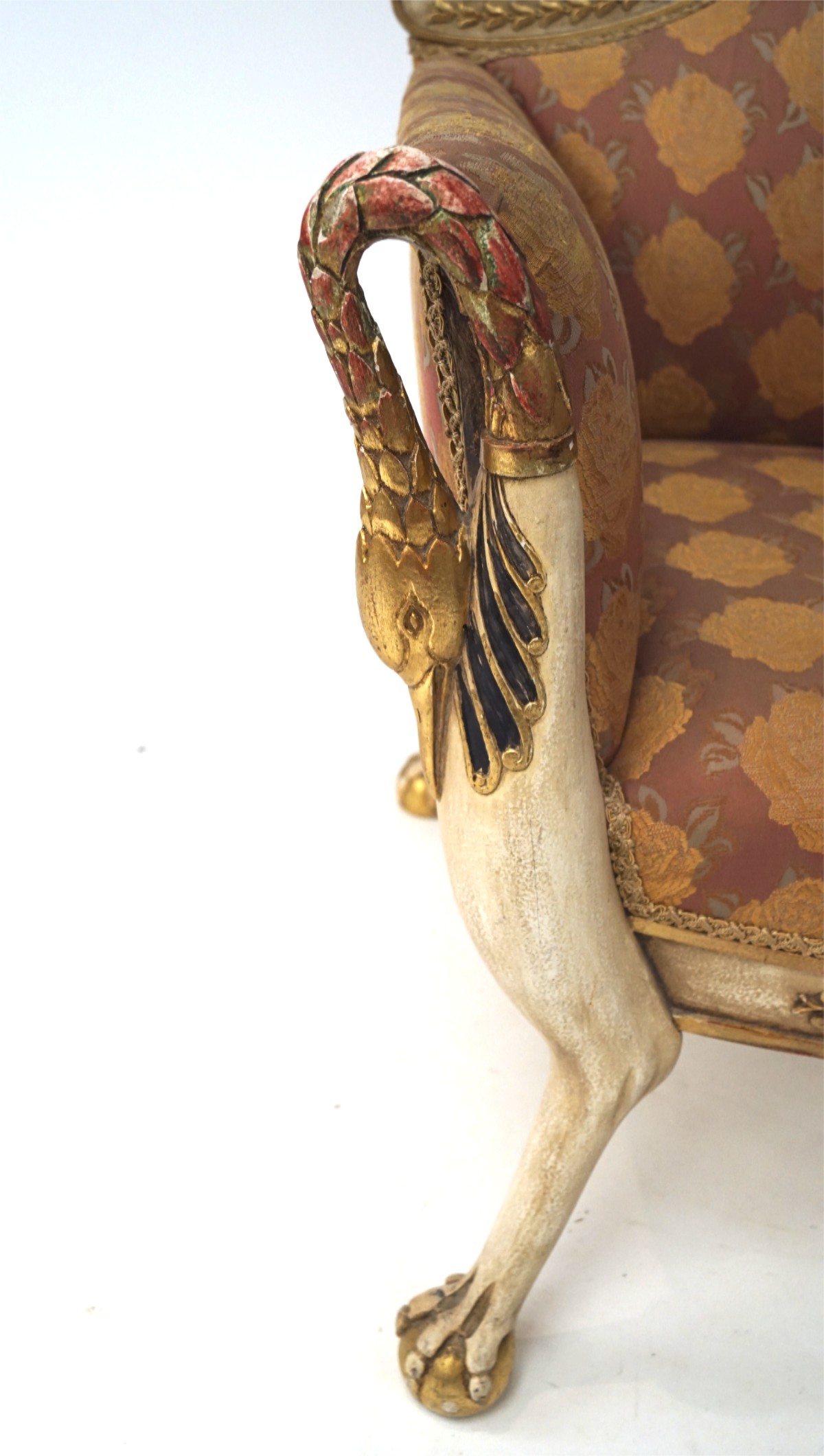 A painted and gilt upholstered armchair wth carved swan head arms and animal legs with claw and - Image 2 of 12