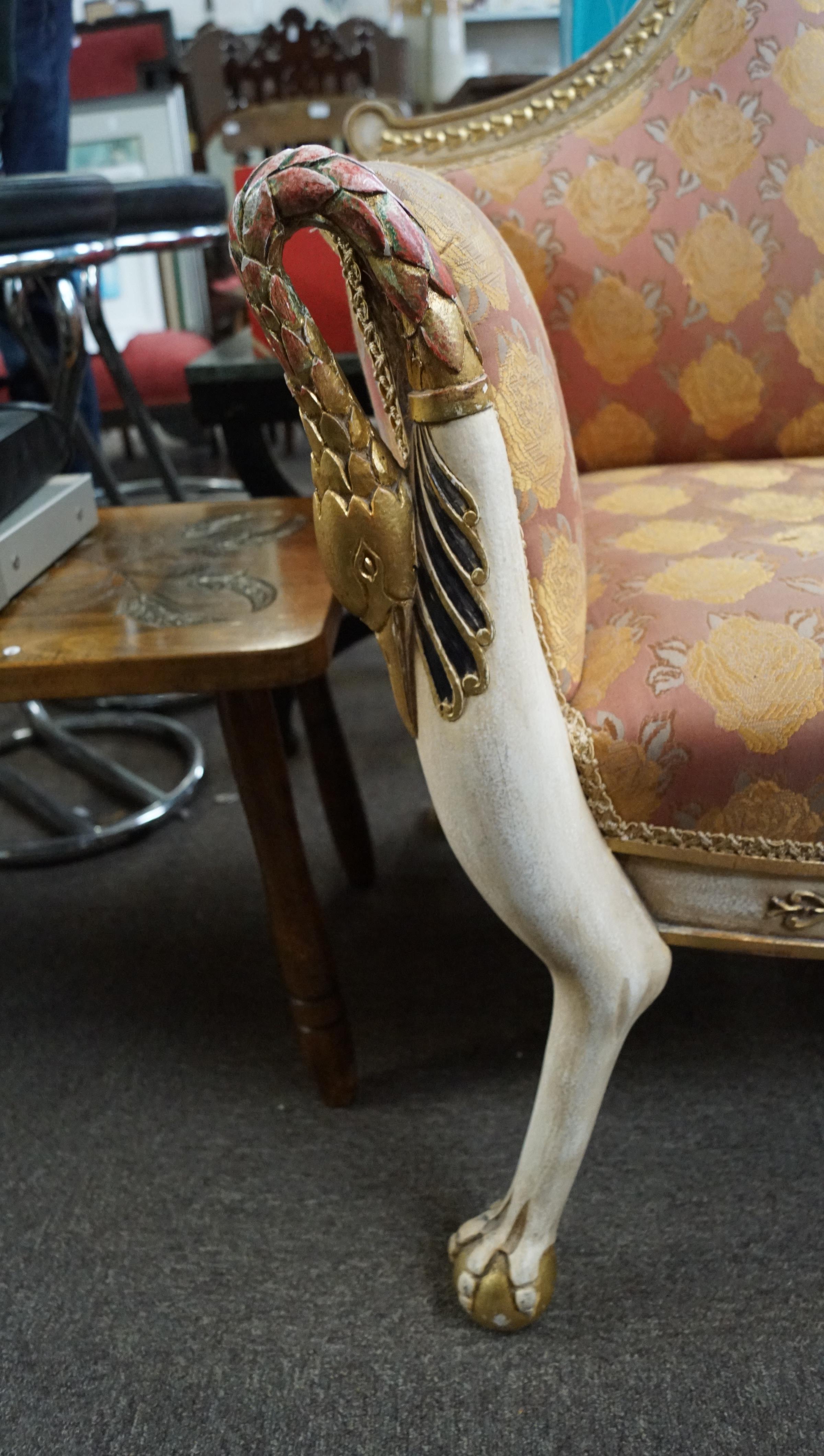 A painted and gilt upholstered armchair wth carved swan head arms and animal legs with claw and - Image 3 of 12