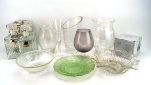 A collection of glassware, including vases, decanters and dishes, by Doulton, Stuart and more