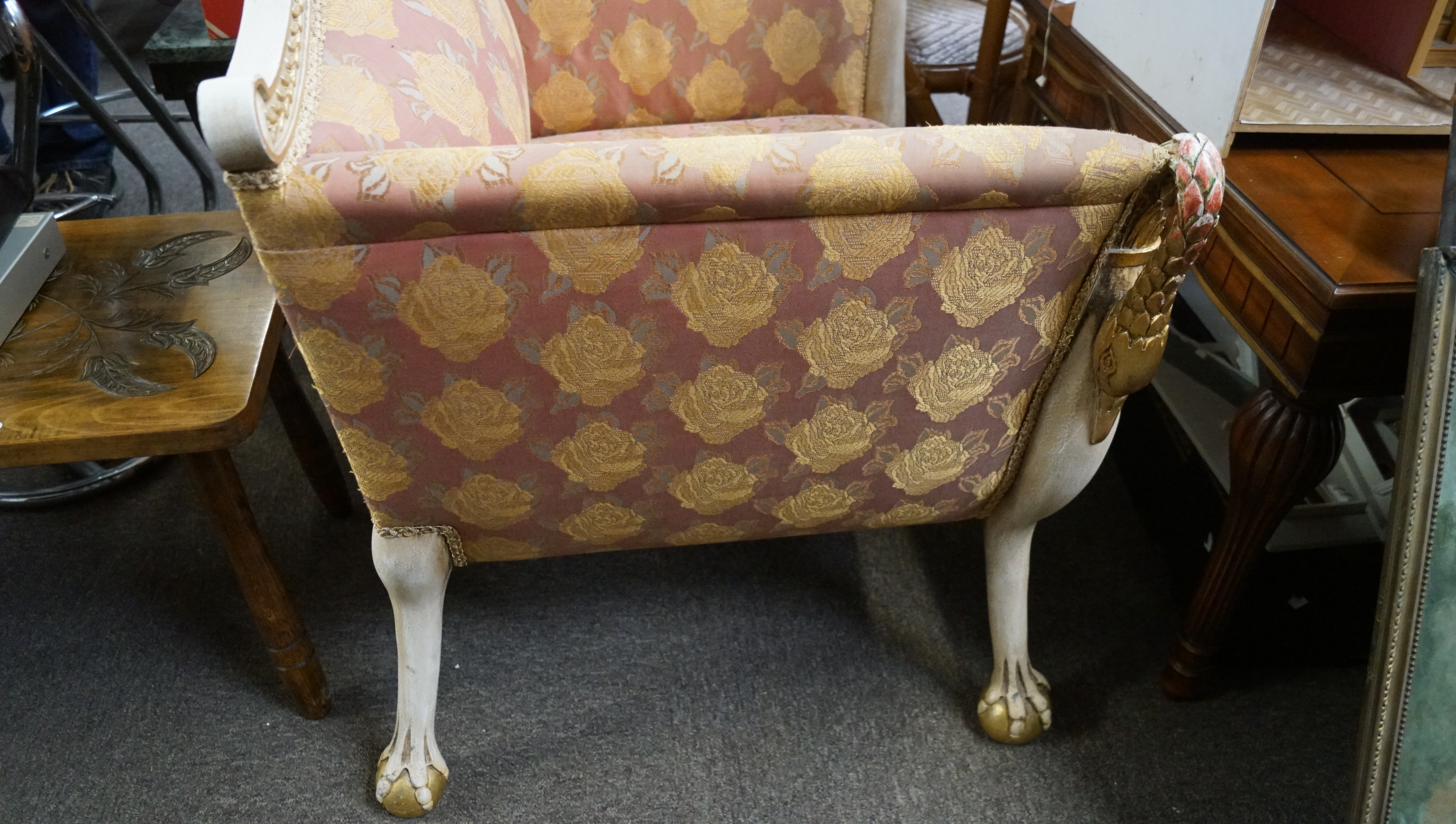 A painted and gilt upholstered armchair wth carved swan head arms and animal legs with claw and - Image 8 of 12