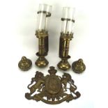 Two GWR lamps and a brass coat of arms,