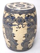 A Chinese blue and white ceramic stool, decorated with dragons,