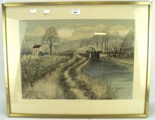 A watercolour landscape painting inscribed verso 'Glasson Dock Arm Lancaster Kendal Canal',