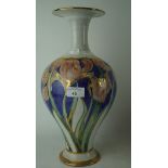 Tall studio pottery porcelain vase, hand decorated with irises and gilding,