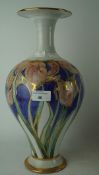 Tall studio pottery porcelain vase, hand decorated with irises and gilding,