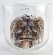 A contemporary glass vase decorated with a lion's head, signature to the base,