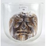 A contemporary glass vase decorated with a lion's head, signature to the base,
