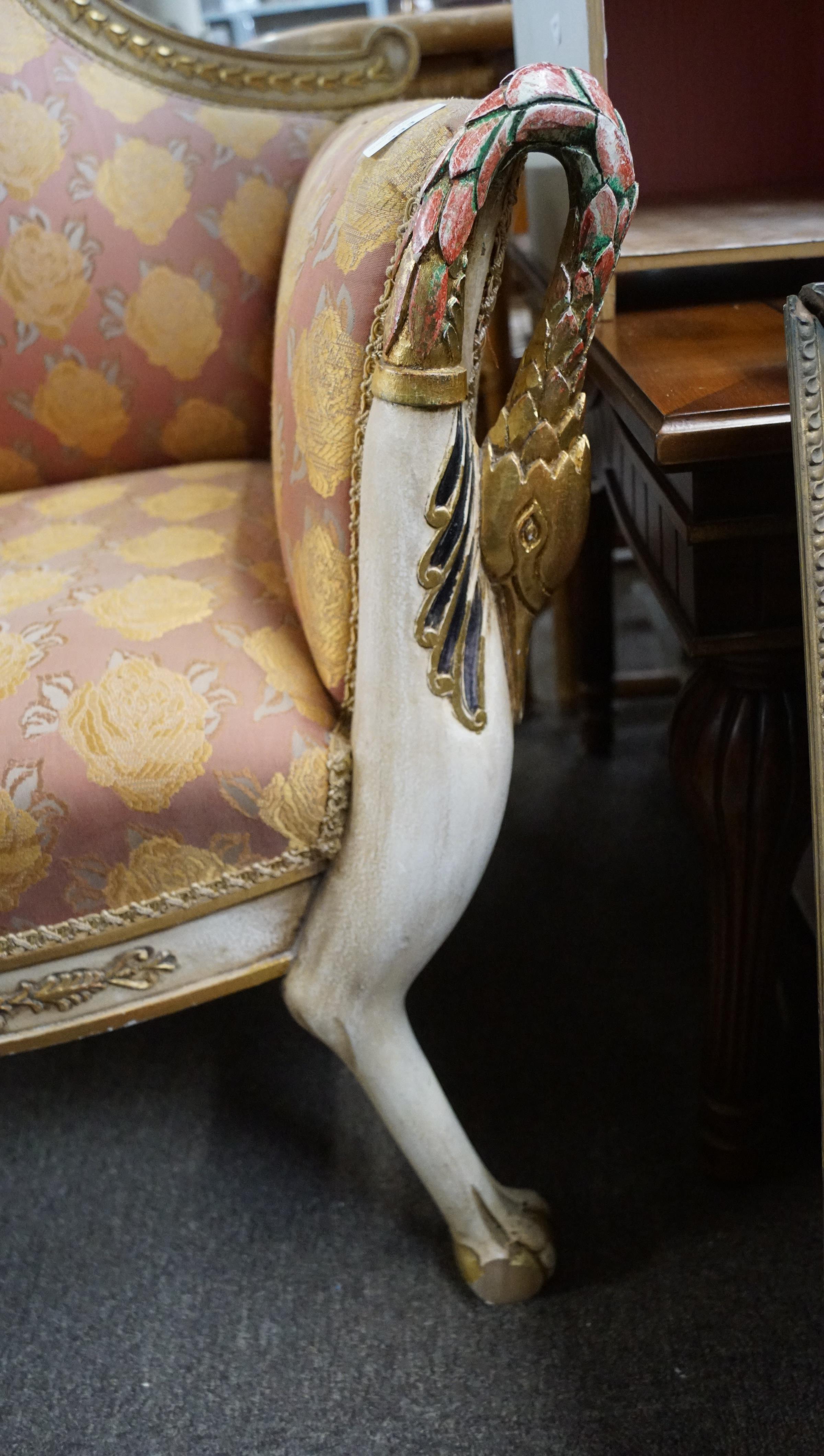 A painted and gilt upholstered armchair wth carved swan head arms and animal legs with claw and - Image 4 of 12