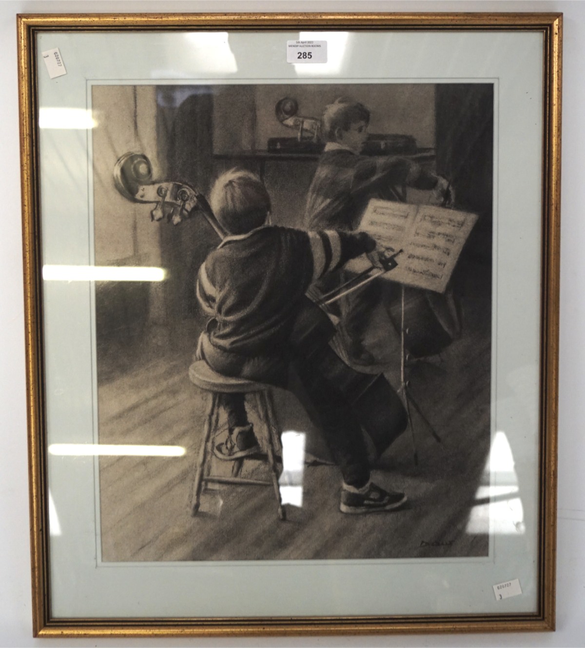 A 20th century charcoal sketch depicting two children playing stringed instruments,