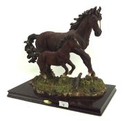 A Juliana Collection figurine set of a dark brown horse and foal, on wooden base,