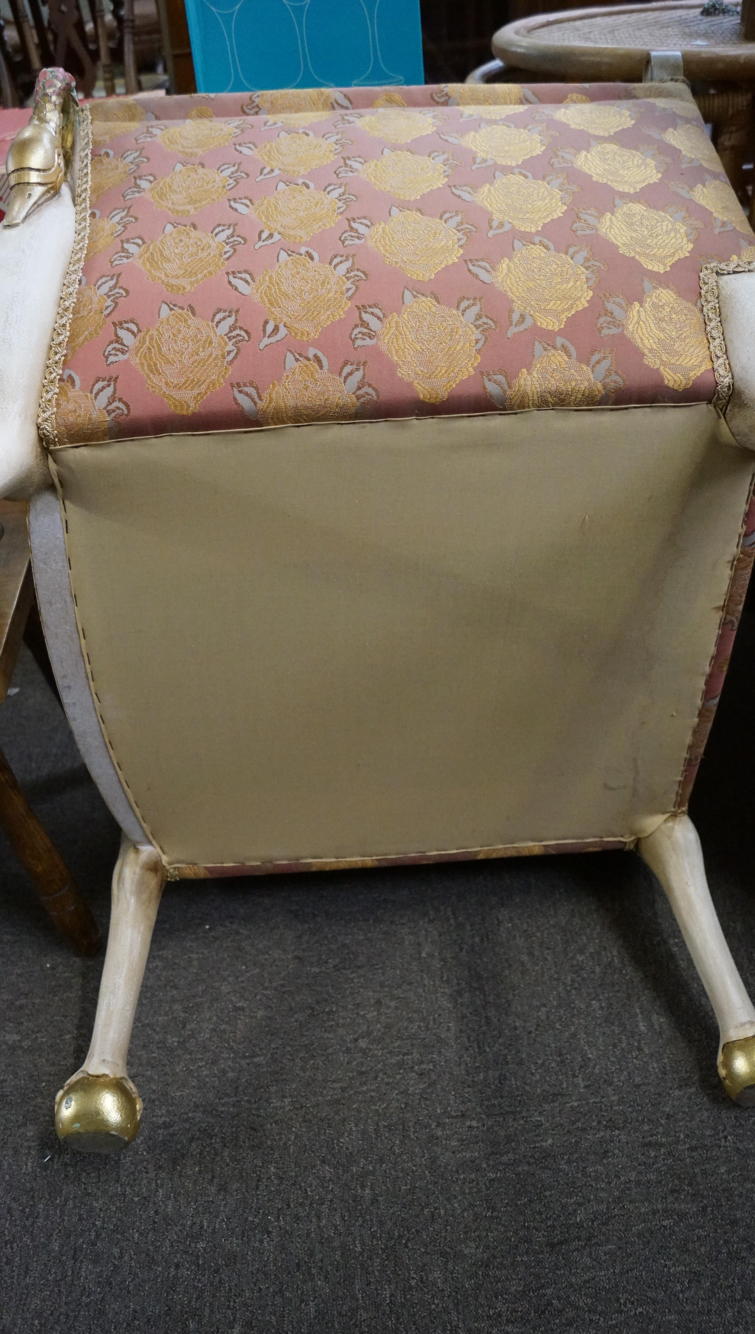 A painted and gilt upholstered armchair wth carved swan head arms and animal legs with claw and - Image 11 of 12