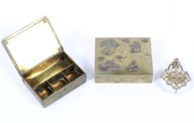 Two brass boxes, one being Japanese, the other a stamp box,