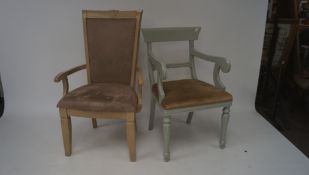 Two contemporary armchairs, one being painted duck egg blue in colour,
