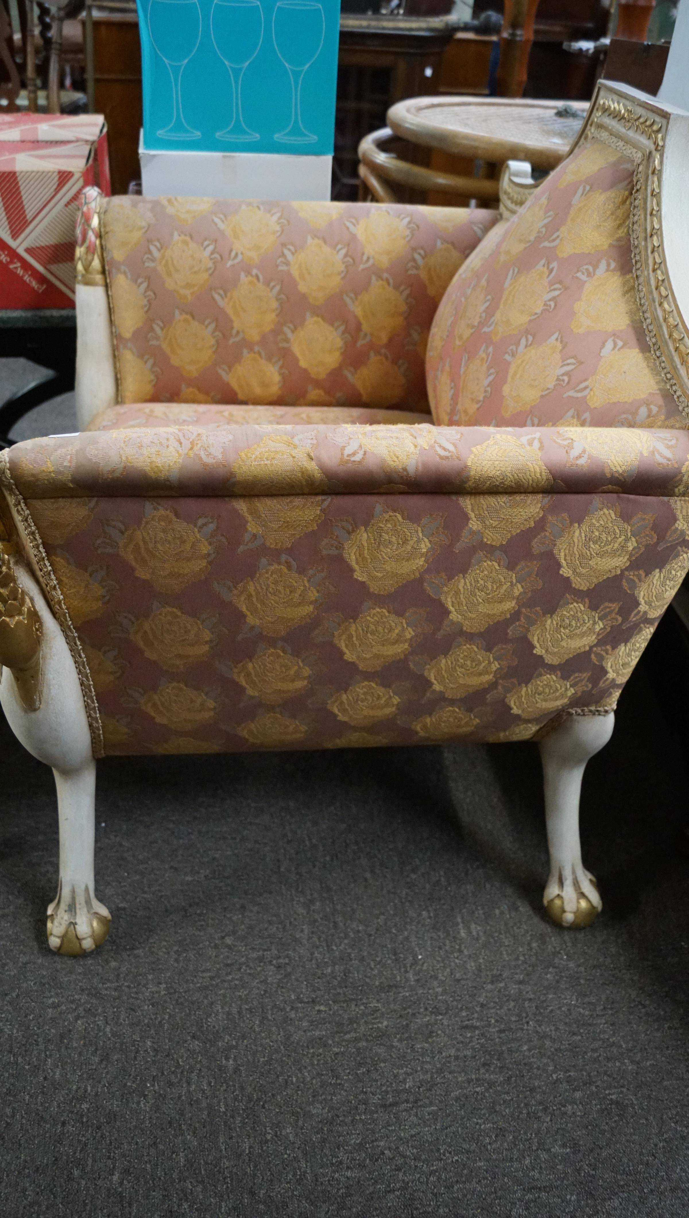 A painted and gilt upholstered armchair wth carved swan head arms and animal legs with claw and - Image 10 of 12