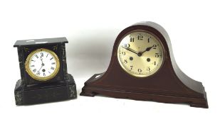 Two 20th century mantle clocks, on a slate example with marble inserts,