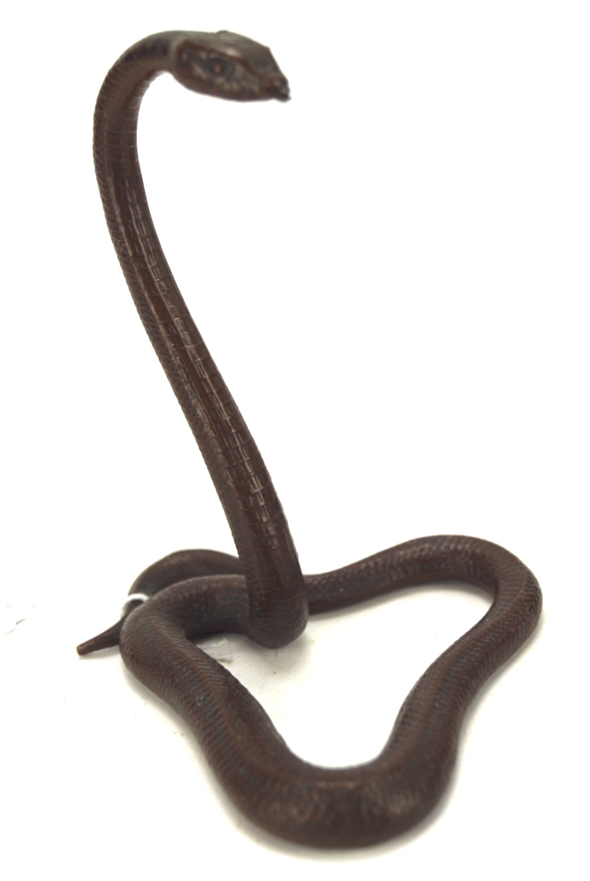 A cast metal watch holder modelled as a snake, glazed in brown,