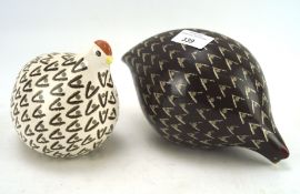 A pair of Caille stoneware chickens in brown and cream,