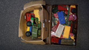 Two boxes of Meccano parts together with a Highway multikit book of models