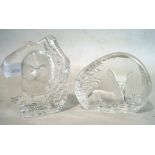 Two Mat Johanson etched glass paperweights, one depicting an owl, the other a deer,