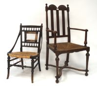 A 19th century rush seated armchair and a Godwin style chair,